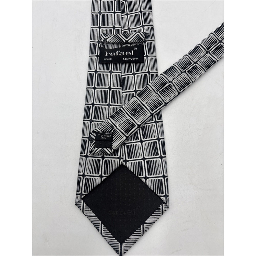 Rafael Tie Mens Classic Silk Necktie Black Gray Square Geometric Pattern Formal